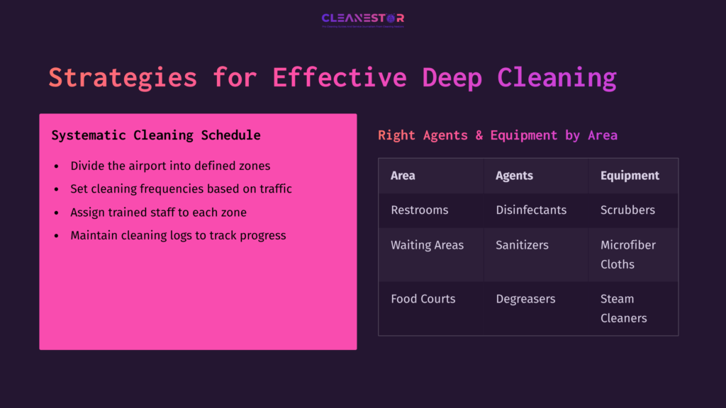 Colorful Infographic Outlining Strategies For Deep Cleaning Airports, Featuring A Pink Box For Scheduling And Areas With Corresponding Agents And Equipment.