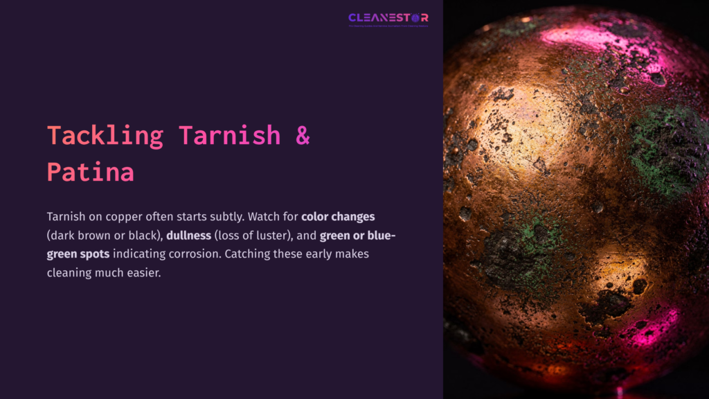 Close-Up Of Tarnished Copper With Mottled Hues Of Brown, Green, And Blue, Highlighting Areas Of Corrosion And Dullness.