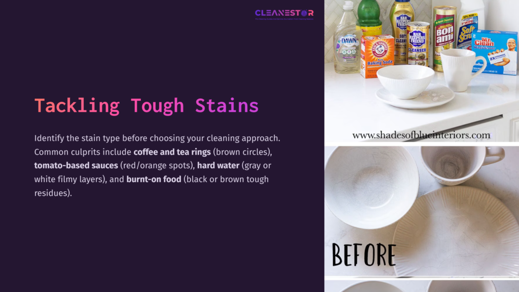 A Collection Of Cleaning Supplies Beside White Pfaltzgraff Dishes, With A Prominent Graphic Showing Stained Versus Clean Dishes.