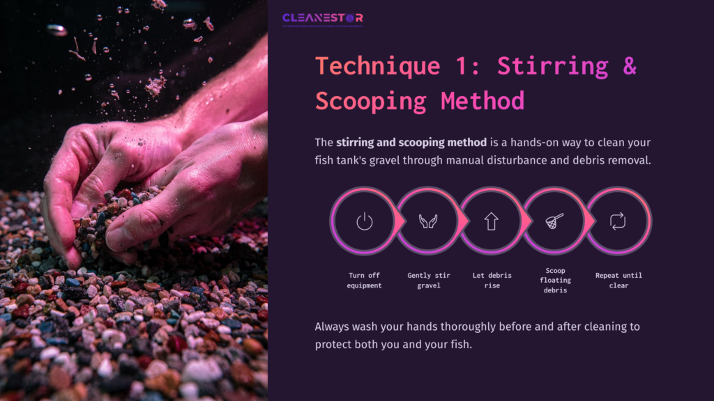 Hands Stirring Gravel In A Fish Tank, With Water In Shades Of Purple, Emphasizing Manual Cleaning Techniques And Safety Tips.