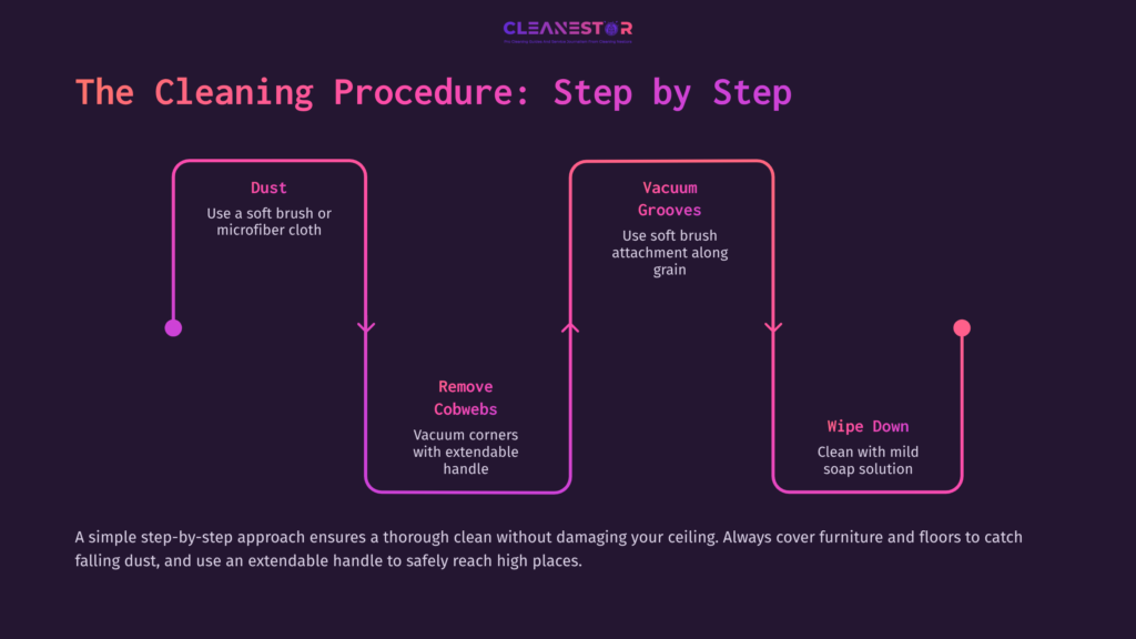 Flowchart Outlining Steps To Clean A Tongue And Groove Ceiling: Dusting, Removing Cobwebs, Vacuuming Grooves, And Wiping With A Damp Cloth.