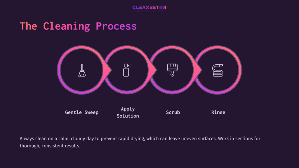 4 The Cleaning Process Four-Step Cleaning Process For Epdm Roofs: Gentle Sweep, Apply Solution, Scrub, And Rinse. Icons Represent Each Step With A Dark Background.