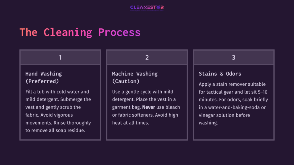 4 The Cleaning Process 2 Instructions For Cleaning Iotv: Includes Hand Washing, Machine Washing, And Stain Treatment Tips In A Three-Column Layout With Purple Accents.
