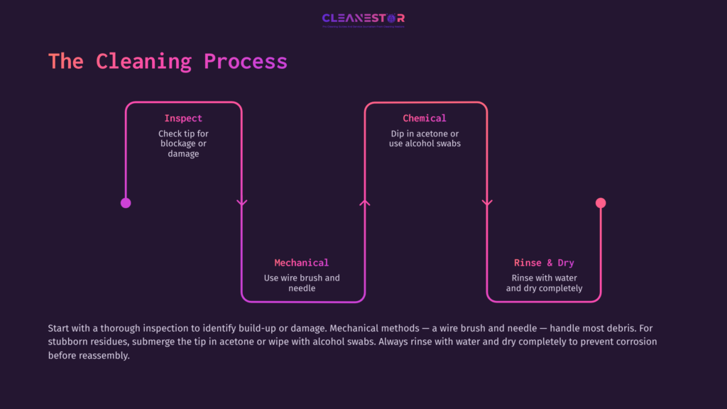 Flowchart Detailing The Cleaning Process For A Propane Torch Tip, Featuring Steps To Inspect, Clean Mechanically, Use Chemicals, And Rinse.