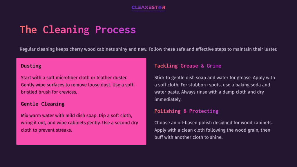 Text Instructions On A Purple Background For Cleaning Cherry Wood Cabinets, With Sections On Dusting, Tackling Grease, And Polishing.