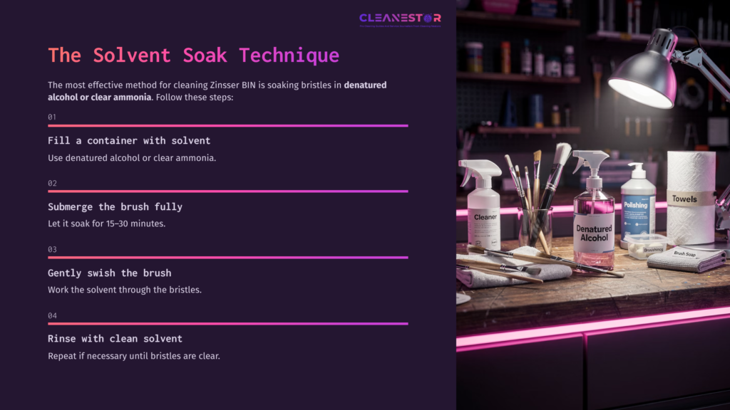 A Workbench With Cleaning Supplies Including Brushes, Bottles Of Denatured Alcohol, And Towels, With A Glowing Purple Light In The Background.