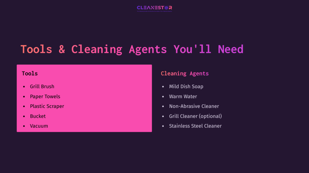 List Of Cleaning Tools And Agents On A Purple Background. Key Tools Are Highlighted In Pink And Include A Grill Brush, Bucket, And Vacuum.