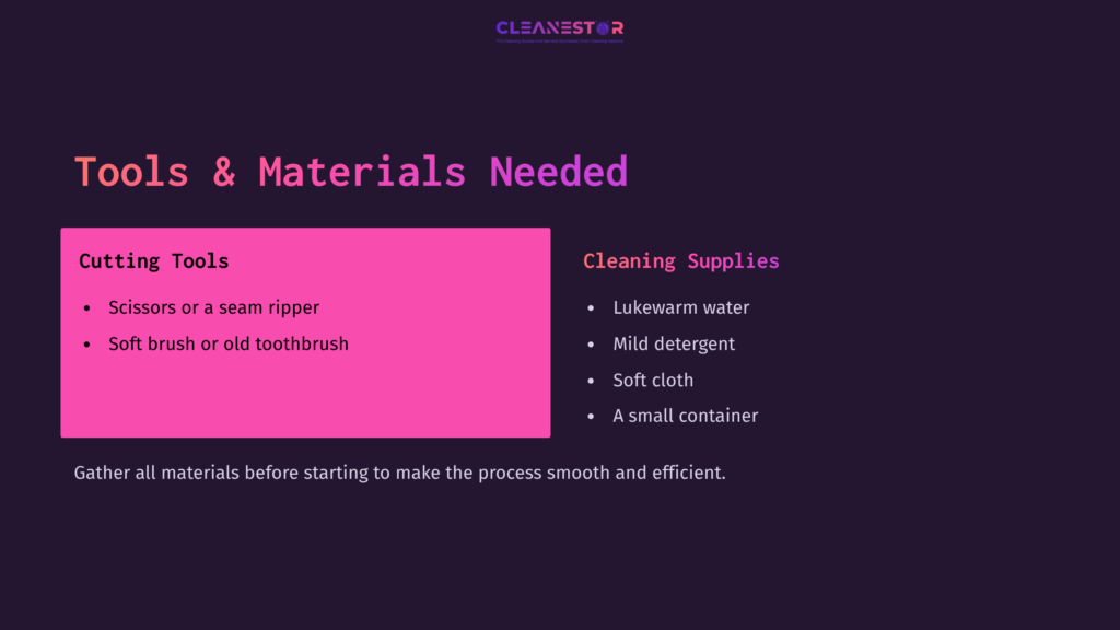 Bright Purple Background With Pink Box Listing Tools: Seam Ripper, Toothbrush, And Cleaning Supplies Like Water, Detergent, And Cloth.