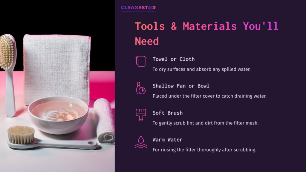 Tools And Materials For Cleaning An Lg Washer Filter: Towel, Shallow Bowl, Soft Brush, And Warm Water On A Pink Backdrop.