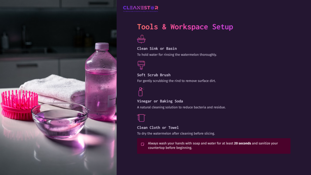 A Bright Pink Soft Scrub Brush And A Clear Bottle Of Water Sit On A Counter Next To A Bowl, With Cleaning Instructions In Purple Text.