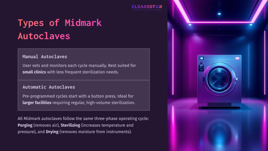 Graphic Featuring A Blue And Purple Gradient Background With A Silver Autoclave, Detailing Manual And Automatic Types And Sterilization Processes.