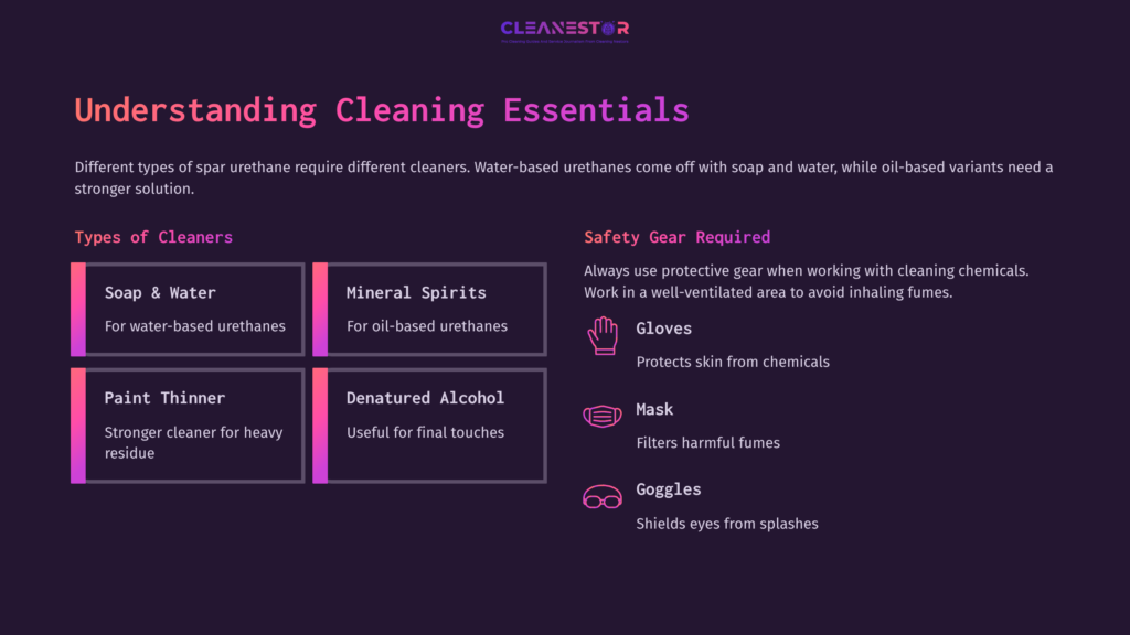 Background In Dark Purple With Pink And White Text Detailing Cleaning Essentials For Spar Urethane. Sections Include Types Of Cleaners And Safety Gear.
