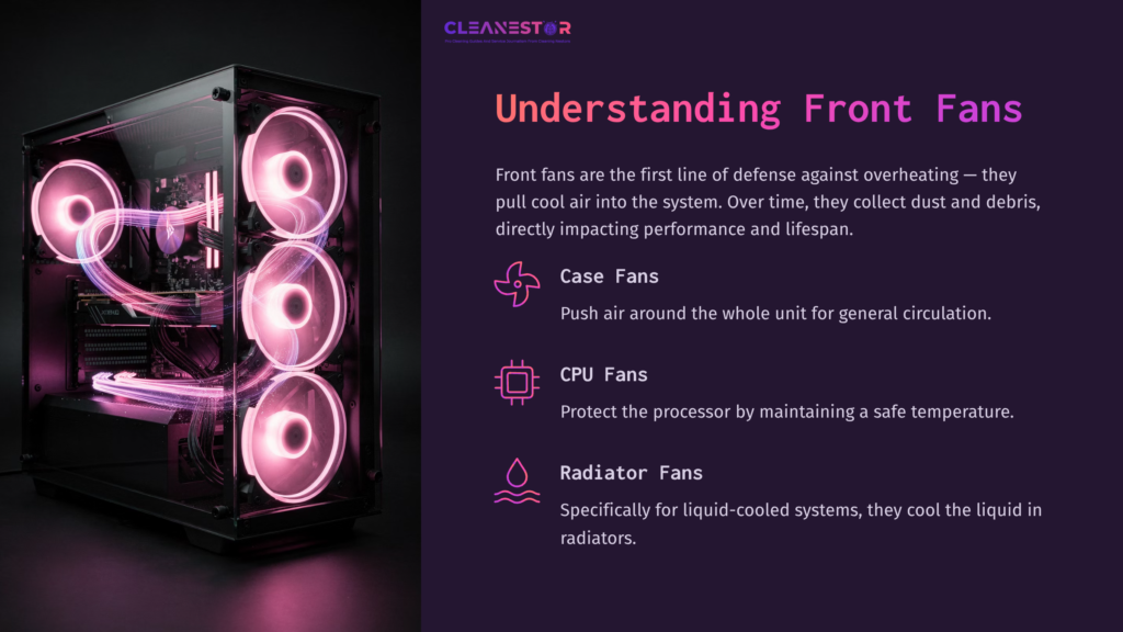 A Gaming Pc Showcasing Front Case Fans With Pink Led Lighting, Surrounded By A Dark, Sleek Chassis, Highlighting Cooling Components And Functionality.