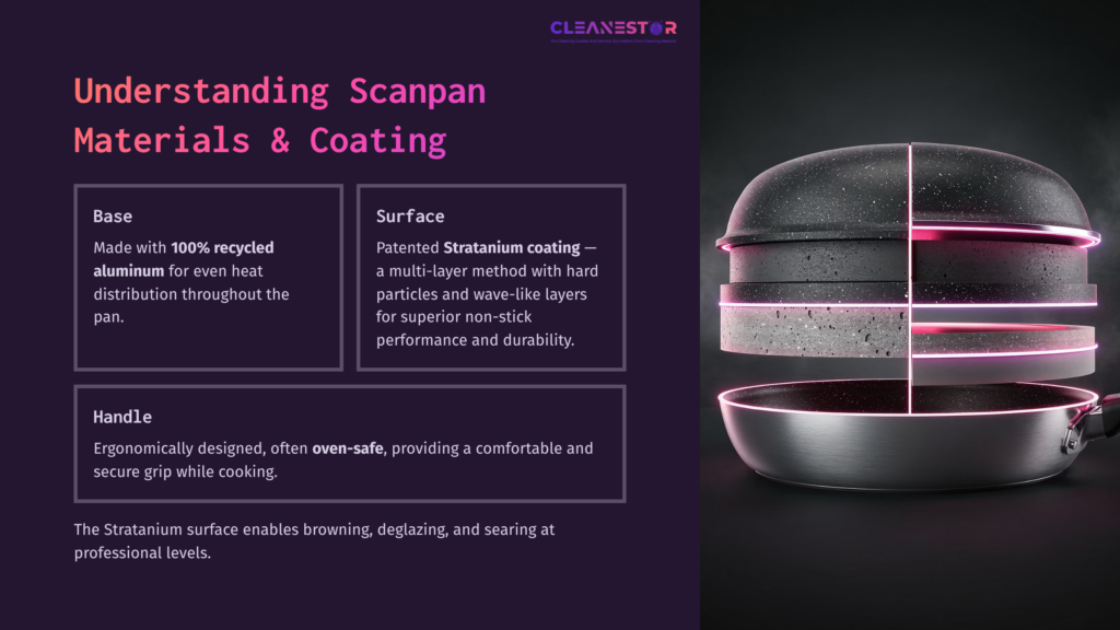 A Scanpan With A Recycled Aluminum Base, Stratanium Coating, And Ergonomic Handle, Showcasing A Sleek, Modern Design.