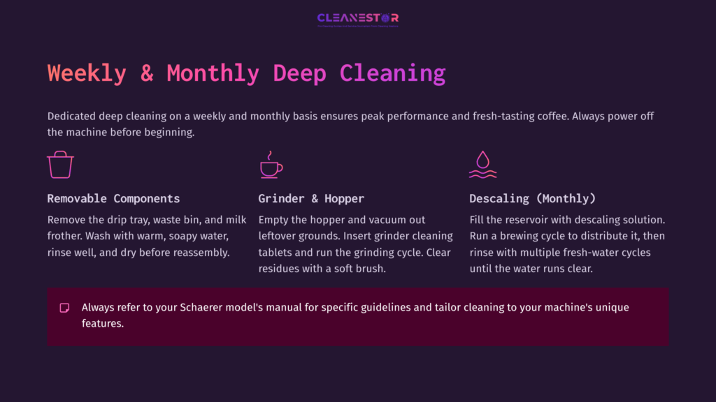 Cleanser'S Guide Highlighting Weekly And Monthly Deep Cleaning For Schaerer Coffee Machines, With Sections On Removable Parts And Descaling Instructions.