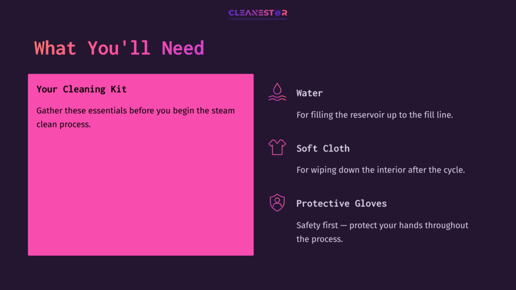 Essential Items For Steam Cleaning An Oven, Including A Cleaning Kit, Water, Soft Cloth, And Protective Gloves, Displayed On A Purple Background.