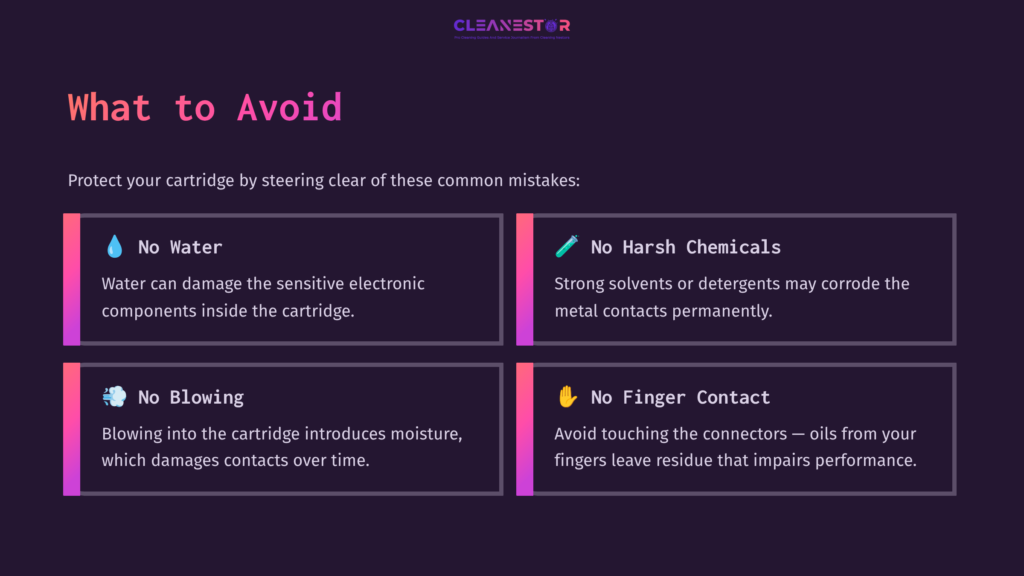 Four Colored Boxes On A Dark Background List Cleaning Tips For Ds Cartridges: No Water, No Harsh Chemicals, No Blowing, And No Finger Contact.