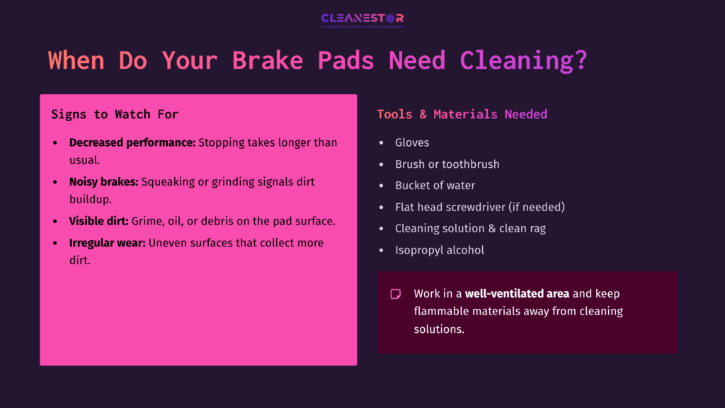 Graphic With Pink And Black Text Listing Signs Brake Pads Need Cleaning, Along With Tools And Materials Required, Including Gloves And Tools.
