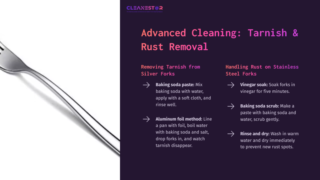 A Shiny Silver Fork On A Dark Purple Background, With Text Outlining Methods For Removing Tarnish And Rust, Including Baking Soda And Vinegar Solutions.