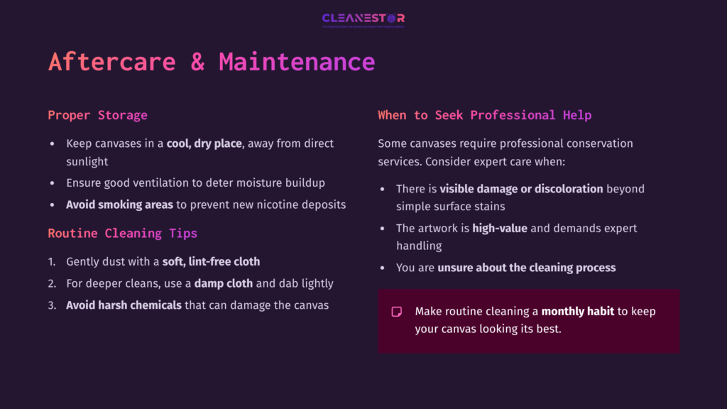Text On A Purple Background Provides Cleaning Tips For Canvas Pictures, Highlighting Proper Storage And Cleaning Methods.