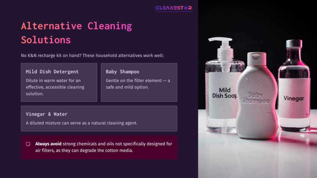 Three Bottles Are Displayed On A Dark Purple Background. The Bottles Contain Mild Dish Detergent, Baby Shampoo, And Vinegar, Each Labeled Clearly. Text Highlights Alternative Cleaning Solutions For Air Filters.