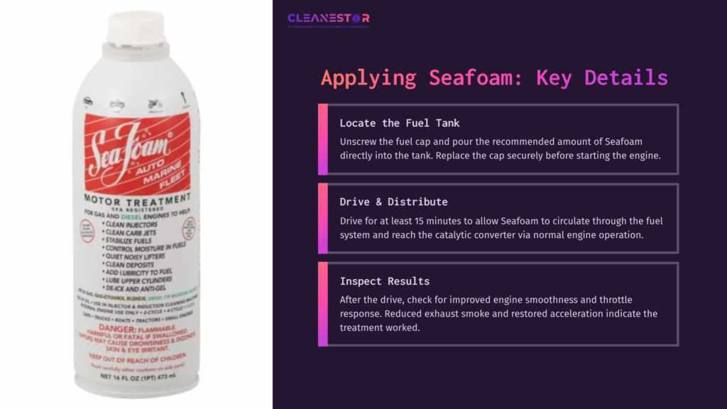 Seafoam Fuel Treatment Canister On A Dark Background, Accompanied By Text Instructions For Applying Seafoam To A Catalytic Converter.