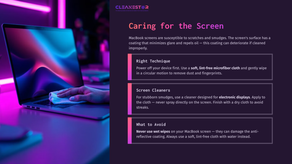 5 Caring For The Screen A Blue And Purple Lit Workspace Featuring A Macbook, A Microfiber Cloth, And Text On Screen Care Tips Against A Dark Background.