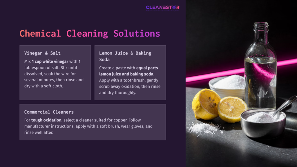 Display Of Cleaning Solutions For Oxidized Copper Wire, Featuring Vinegar, Salt, Lemons, Baking Soda, And A Glass Bottle On A Dark Background.