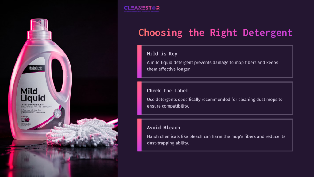 A Bottle Of Mild Liquid Detergent Next To A Fluffy Dust Mop, Highlighted Against A Dark Background With Instructional Text Above.