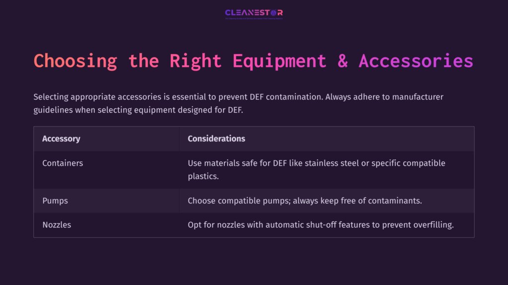 5 Choosing The Right Equipment And Accessories Text On A Dark Background With White And Purple Accents, Outlining Considerations For Choosing Containers, Pumps, And Nozzles For Def.