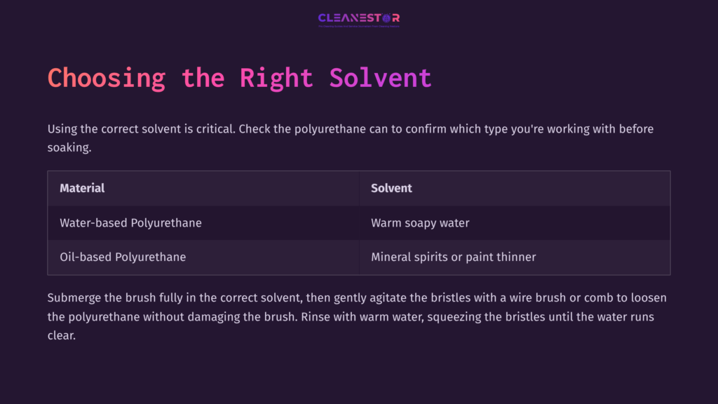 Table Detailing Brush Cleaning Solvents For Different Polyurethane Types, With Headers In Pink And Dark Purple Background, White Text.