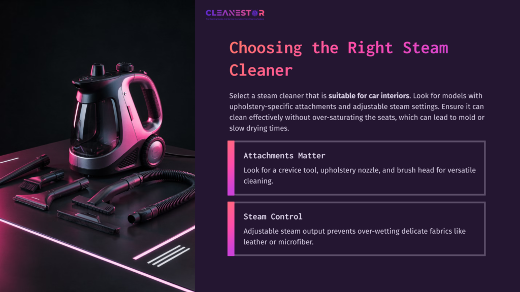 A Steam Cleaner With Various Attachments On A Dark Surface, Highlighted By Pink And Purple Lighting, Emphasizing Its Design And Features.