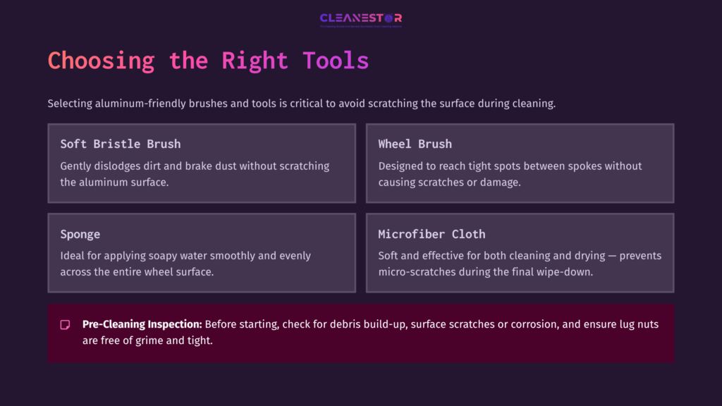 5 Choosing The Right Tools Four Tool Options For Cleaning Aluminum Motorcycle Wheels: A Soft Bristle Brush, A Wheel Brush, A Microfiber Cloth, And Cleaning Tips.