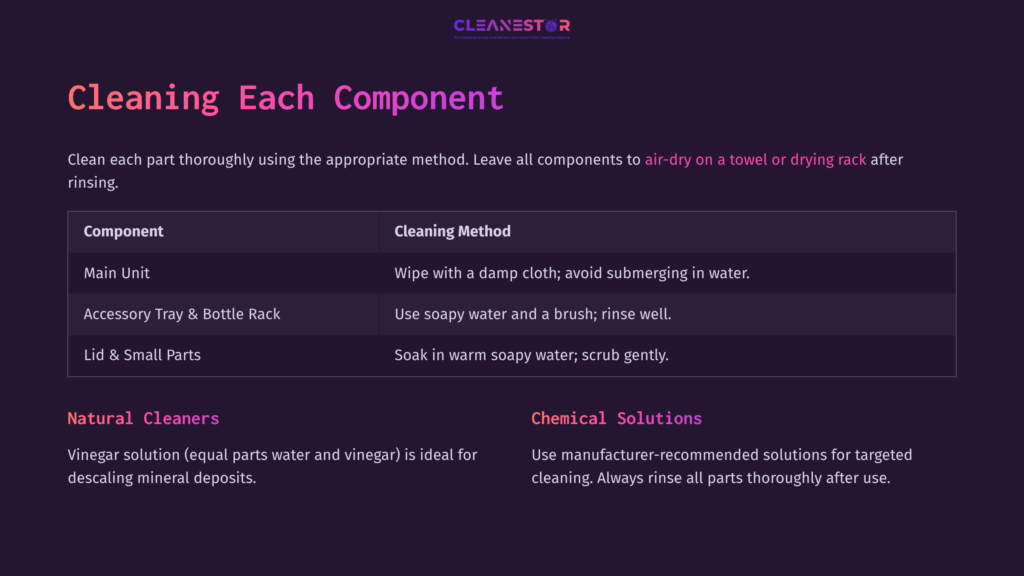 Instructions For Cleaning A Dr. Brown Sterilizer, Featuring Components Like The Main Unit And Accessories, With Tips On Methods And Cleaners.