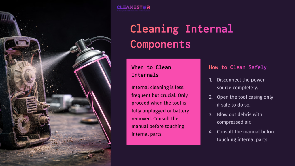 A Pink Spray Can Beside A Dusty Milwaukee Tool On A Dark Background; Text Outlines Safe Cleaning Steps For Internal Components.