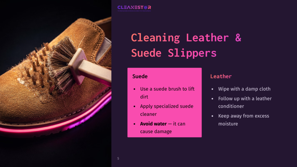 A Suede Slipper With A Wooden Brush On Top, Featuring Cleaning Tips In Pink And White Text Beside It On A Dark Background.