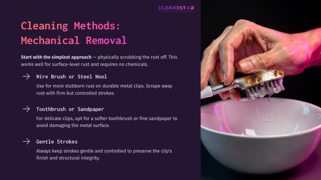 Hand Scrubbing A Rusty Hair Clip With A Wire Brush Over A White Bowl, With Cleaning Tips Highlighted In Bold Text On A Dark Background.