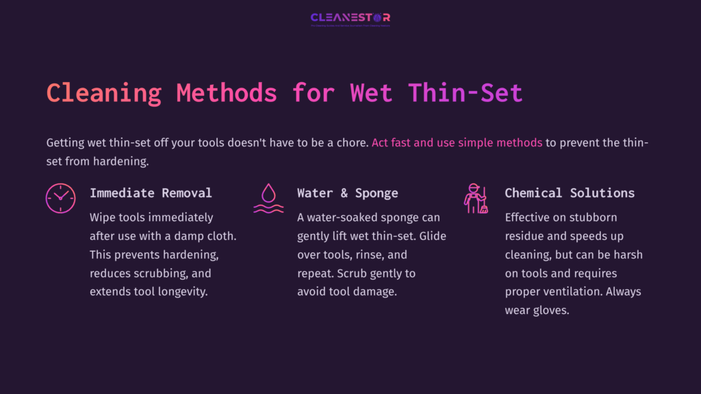 Text On A Dark Background Outlining Cleaning Methods For Wet Thin-Set, Featuring Sections On Immediate Removal, Water &Amp; Sponge, And Chemical Solutions.