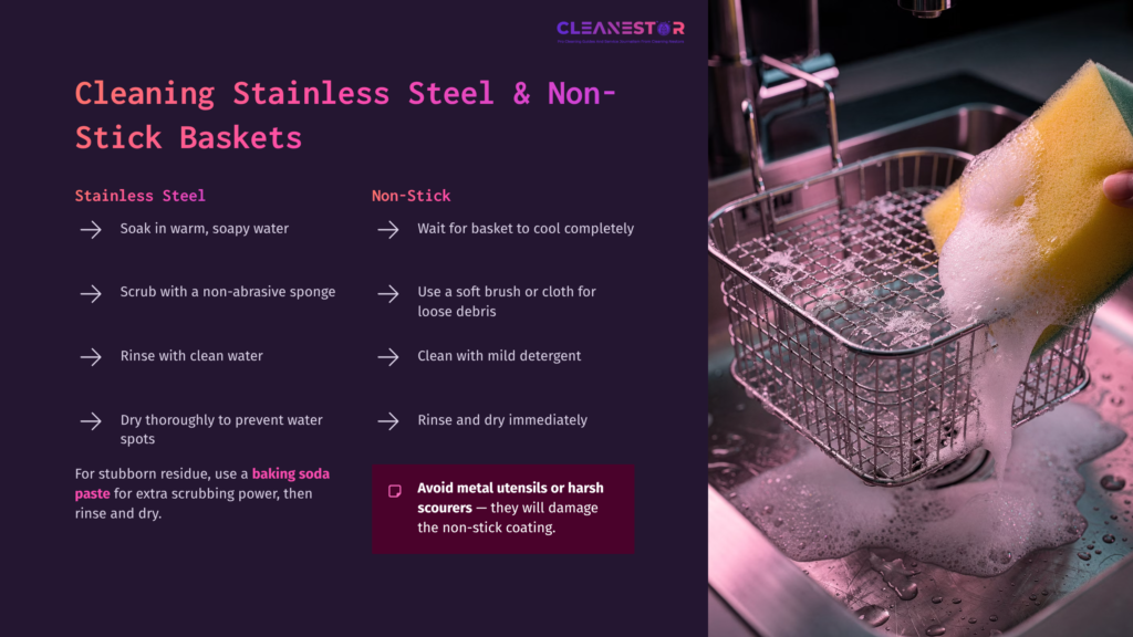 A Stainless Steel Grill Basket Soaking In Water With A Sponge Beside It, Displaying Cleaning Instructions In Bold Text On The Left.