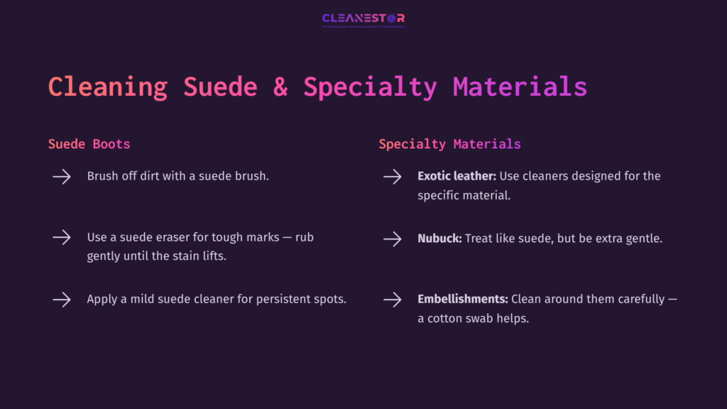 Instructions For Cleaning Suede And Specialty Materials, Featuring Bullet Points On Techniques And Products Against A Dark Background.