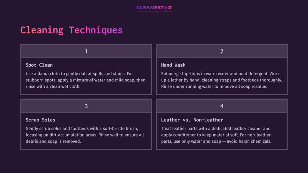 Four Cleaning Techniques For Olukai Flip-Flops Outlined In A Purple And White Layout, Featuring Numbered Sections With Clear Instructions.