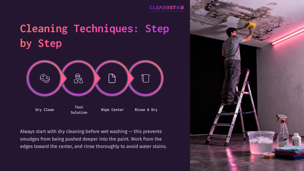 A Person Cleaning A Smoke-Stained Ceiling With A Spray Solution While Standing On A Ladder, Featuring A Black Wall And A Clean-Up Bucket.