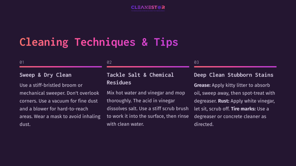 5 Cleaning Techniques And Tips List Of Cleaning Techniques And Tips For Garage Floors, Featuring Purple Background, White Text, And Numbered Steps.