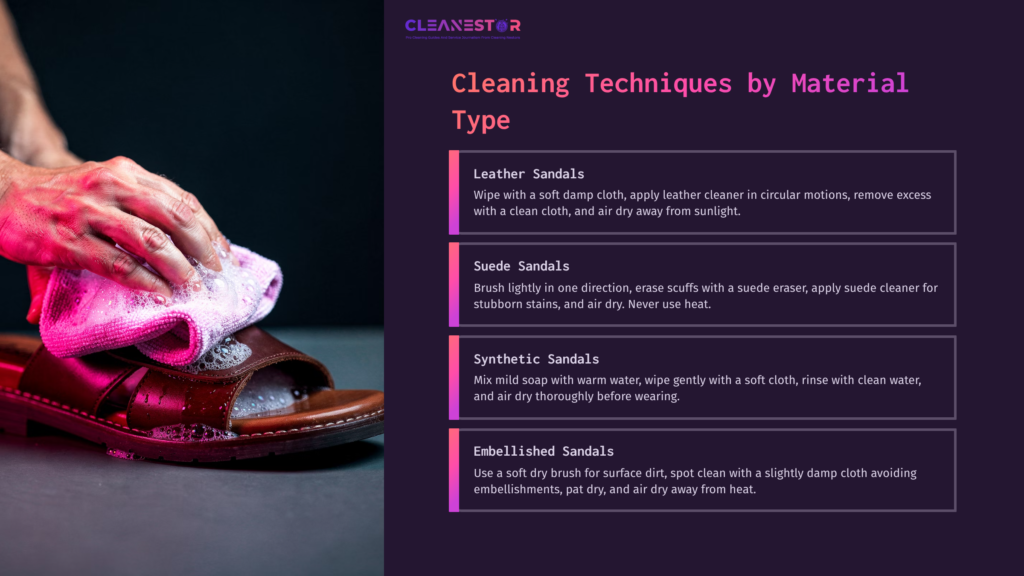 5 Cleaning Techniques By Material Type A Hand Cleaning A Brown Leather Sandal With Soapy Water, Alongside Instructions For Cleaning Different Sandal Materials On A Purple Background.