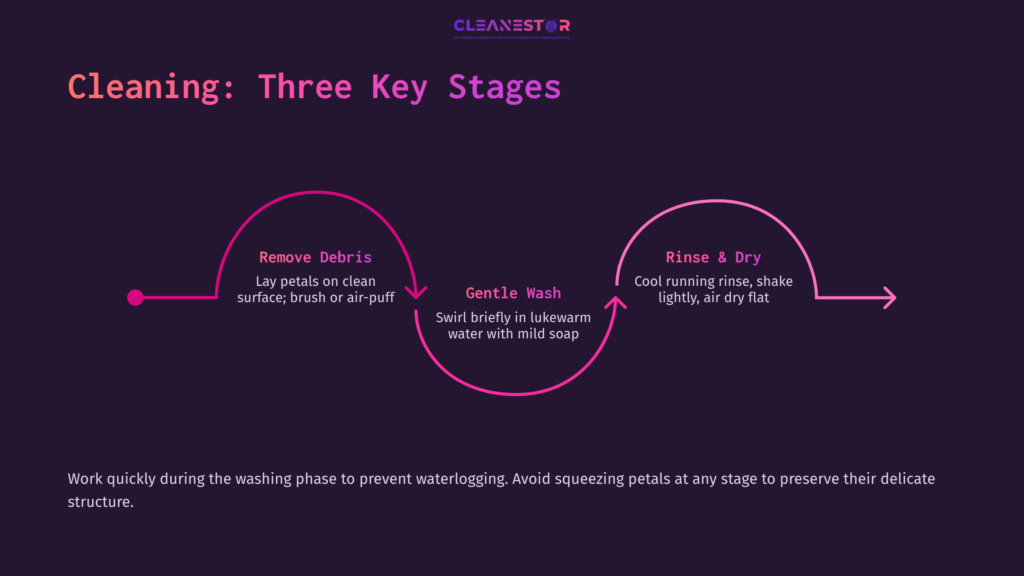 5 Cleaning Three Key Stages Infographic Illustrating Three Cleaning Stages For Rose Petals: Remove Debris, Gentle Wash In Lukewarm Soapy Water, Rinse And Dry.