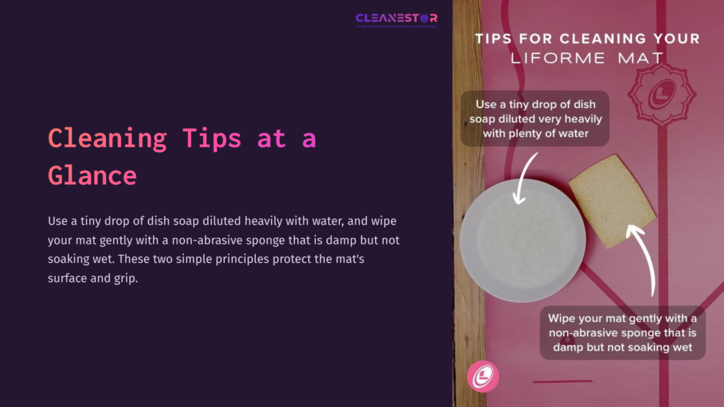 Light Pink Background With Cleaning Tips For A Liforme Yoga Mat, Featuring A Soap Dish, Sponge, And Instructions In White Text.