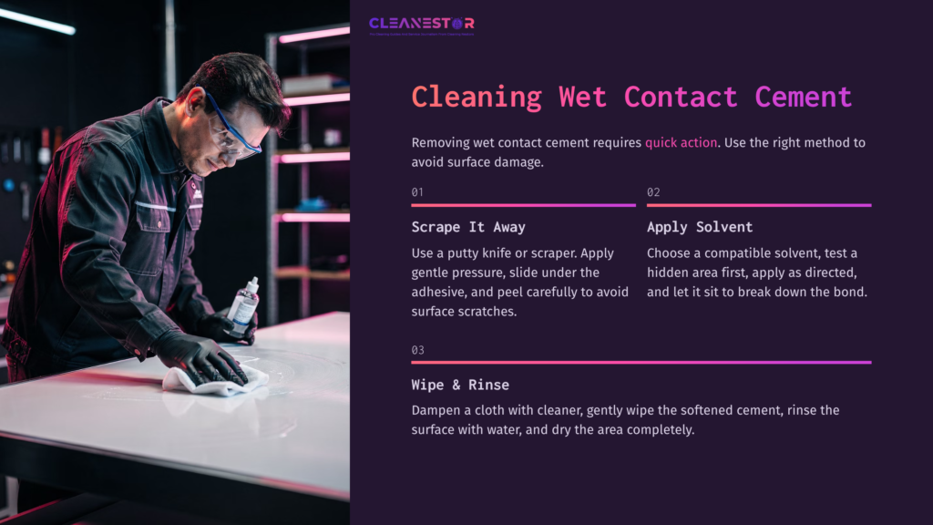 Person In A Dark Workspace Using A Small Knife To Scrape Contact Cement From A Surface, With Instructions Displayed In Purple And White Text.