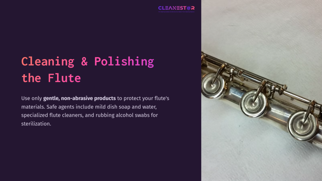 A Tarnished Silver Flute With Intricate Keys And A Cleaning Guide On A Purple Background, Emphasizing Gentle Cleaning Methods.