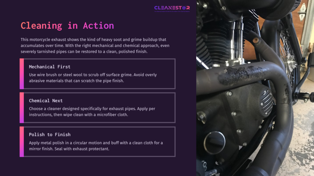 Motorcycle Exhaust Pipe With Soot Buildup, Surrounded By Cleaning Supplies, Set Against A Dark Background, Featuring Instructional Text.