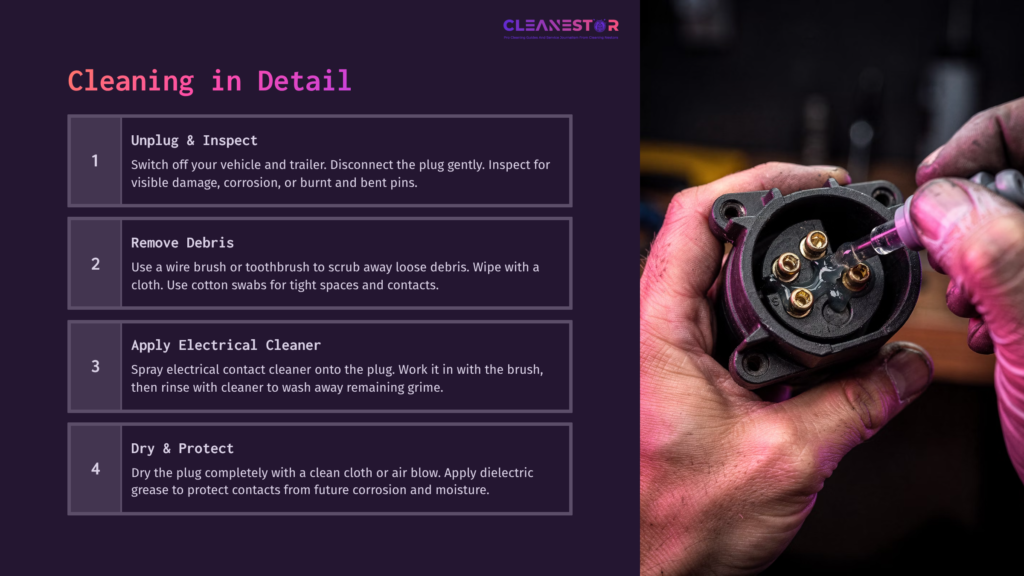 An Individual Holding A Trailer Plug With Exposed Pins, While A Cleaning Brush And Cleaning Instructions Are Visible In The Background.